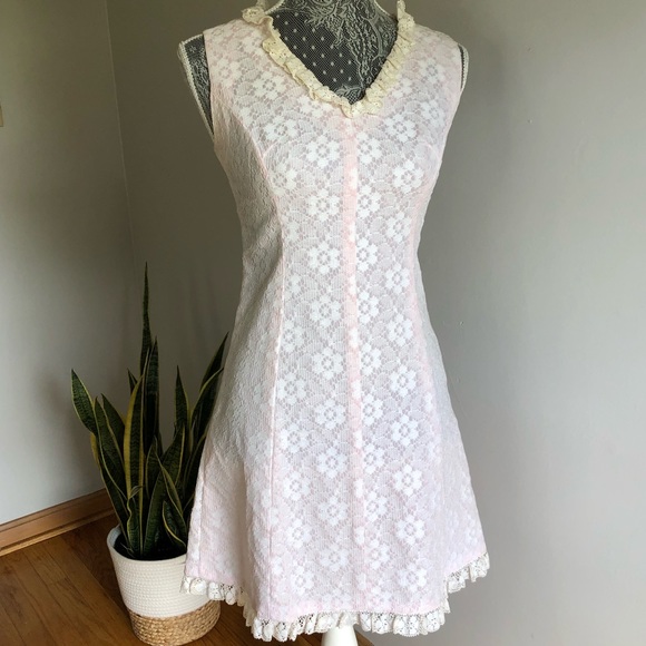 Vintage 60s pink white floral dress sleeveless blush mini ivory ruffle lace smal - Picture 5 of 11